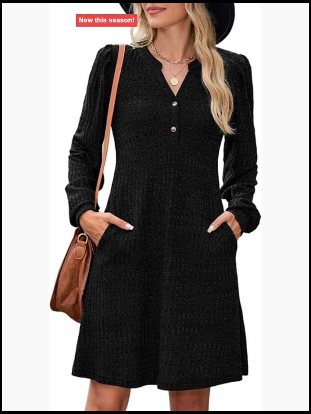 Women's Knit Sweater Dress Long Sleeve V Neck Button Casual Midi Dress with
